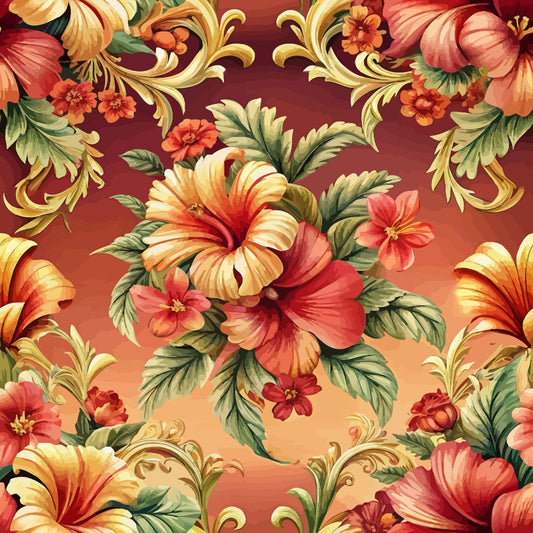 Seamless pattern featuring large, detailed hibiscus flowers in shades of red, yellow, and orange with green leaves and ornate golden swirls on a gradient background of warm colors.