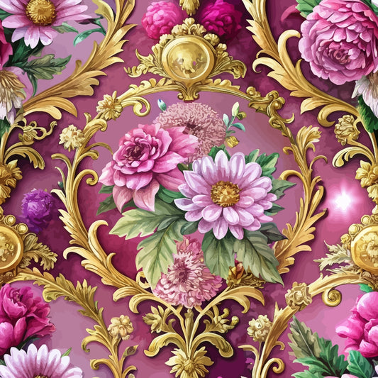A decorative floral pattern features pink and purple flowers with green leaves, framed by ornate gold scrollwork on a rich magenta background. The design is symmetrical and richly detailed.