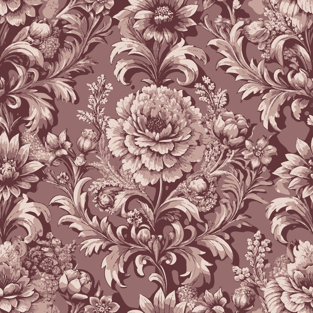 mauve, dusty rose, burgundy, baroque florals, ornate flowers, damask pattern, scrollwork, acanthus leaves, peonies, vintage blooms, monochromatic design, elegant motifs, decorative swirls, quilting cotton, fabric panel, sophisticated palette, ornamental botanical, victorian style, luxurious texture, repeating pattern