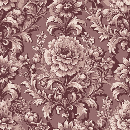 mauve, dusty rose, burgundy, baroque florals, ornate flowers, damask pattern, scrollwork, acanthus leaves, peonies, vintage blooms, monochromatic design, elegant motifs, decorative swirls, quilting cotton, fabric panel, sophisticated palette, ornamental botanical, victorian style, luxurious texture, repeating pattern