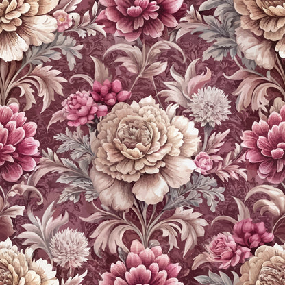 burgundy, mauve, cream, beige, dusty rose, baroque florals, ornate flowers, peonies, chrysanthemums, decorative scrollwork, acanthus leaves, vintage pattern, romantic style, elegant motif, quilting cotton, fabric panel, floral damask, victorian inspired, rich tones, intricate blooms