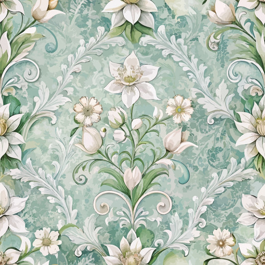 sage green, mint green, cream white, pale pink, baroque pattern, ornate scrollwork, floral motifs, decorative swirls, white flowers, botanical design, elegant flourishes, vintage style, damask elements, quilting cotton, fabric panel, soft pastels, romantic florals, acanthus leaves, rococo influence, seamless repeat