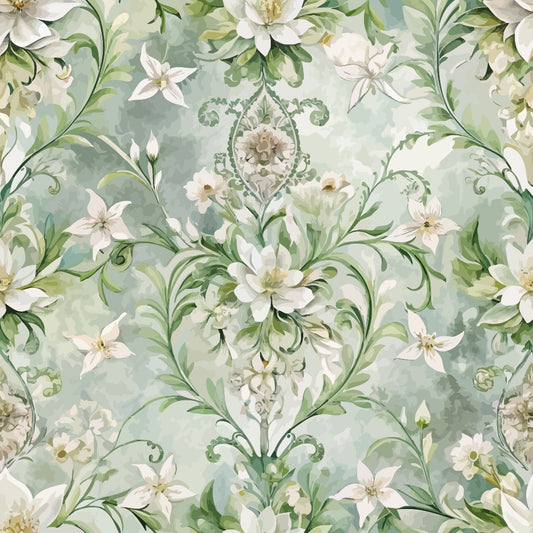 A seamless floral pattern featuring white lilies and green leaves on a watercolor-style, light green background with ornate, symmetrical arrangements.