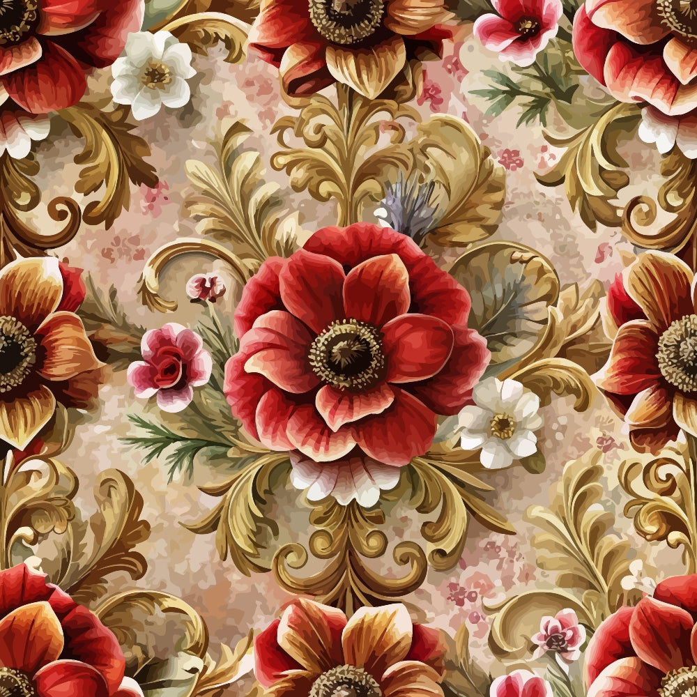 coral red, burgundy, cream white, golden brown, baroque florals, ornate scrollwork, large blooms, decorative swirls, elegant motifs, vintage style, romantic mood, quilting cotton, fabric panel, repeating pattern, floral design, ornamental elements, rich colors, decorative arts, textile design