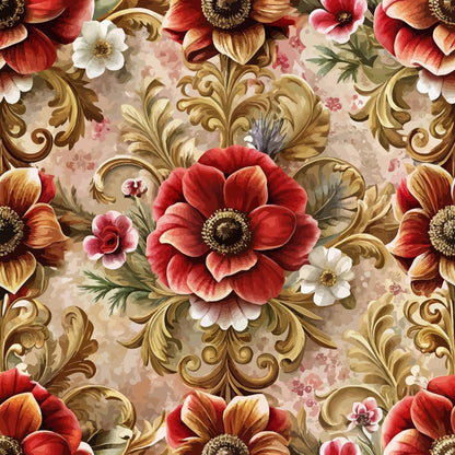 coral red, burgundy, cream white, golden brown, baroque florals, ornate scrollwork, large blooms, decorative swirls, elegant motifs, vintage style, romantic mood, quilting cotton, fabric panel, repeating pattern, floral design, ornamental elements, rich colors, decorative arts, textile design