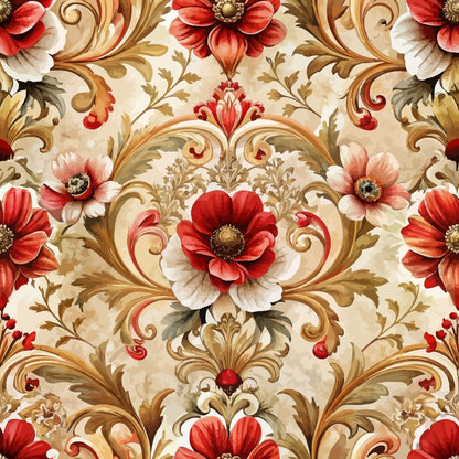 red flowers, coral blooms, cream background, gold scrollwork, baroque pattern, ornate swirls, floral damask, decorative flourishes, quilting cotton, fabric panel, elegant motifs, vintage style, seamless repeat, botanical design, layered petals, intricate details, warm tones, luxurious design