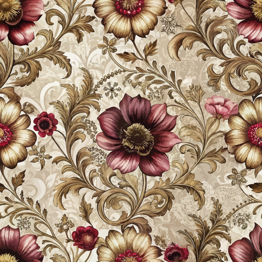 burgundy, mauve, gold, beige, cream, baroque florals, ornate flowers, scrollwork, acanthus leaves, decorative swirls, vintage pattern, elegant design, quilting cotton, fabric panel, floral motifs, damask style, renaissance inspired, ornamental blooms, sophisticated palette, repeating pattern