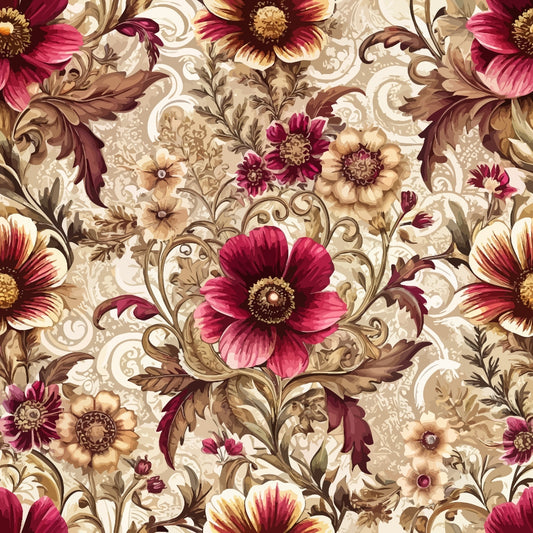 burgundy, cream, beige, brown, gold, baroque florals, ornate flowers, decorative scrollwork, vintage pattern, damask style, quilting cotton, fabric panel, elegant blooms, swirling vines, antique motifs, rich colors, floral damask, ornamental design, sophisticated palette, intricate details