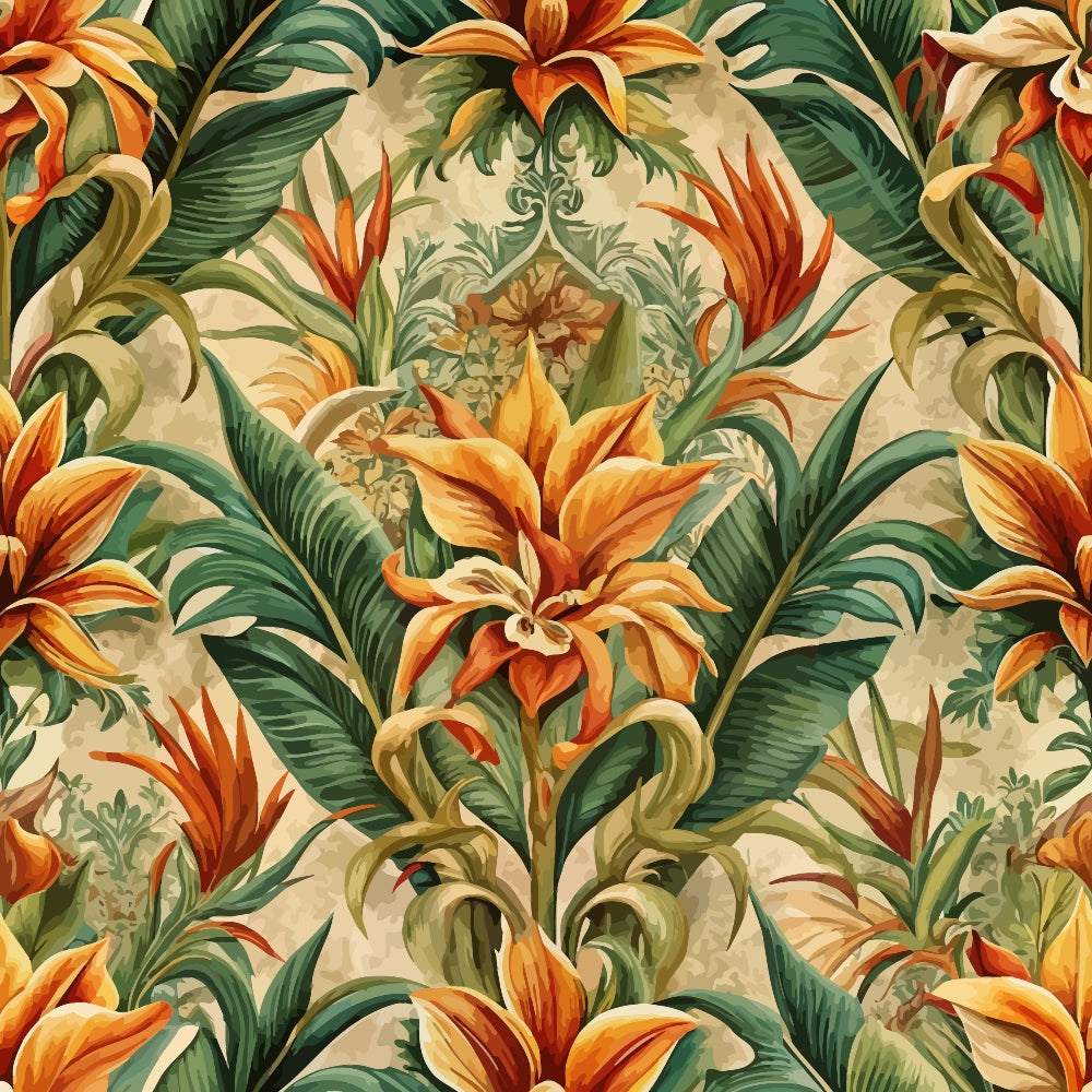 baroque florals, tropical flowers, orange petals, green leaves, cream background, ornate pattern, decorative scrollwork, botanical design, vintage style, quilting cotton, fabric panel, warm tones, elaborate motifs, flowing vines, renaissance inspired, rich colors, textile art, repeating pattern, lush foliage
