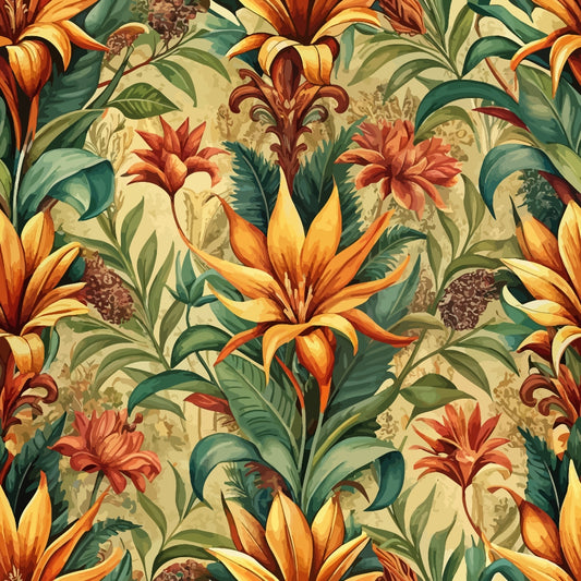 A seamless pattern featuring large yellow and orange flowers with green leaves on a beige background, interspersed with smaller rust-colored blooms and leafy foliage.
