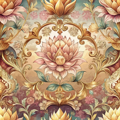 baroque florals, quilting cotton, fabric panel, ornate scrollwork, pink lotus, golden brown, sage green, cream background, decorative medallion, vintage style, floral motifs, layered petals, ornamental border, warm earth tones, botanical design, elegant swirls, damask pattern, luxurious aesthetic, intricate details, romantic florals