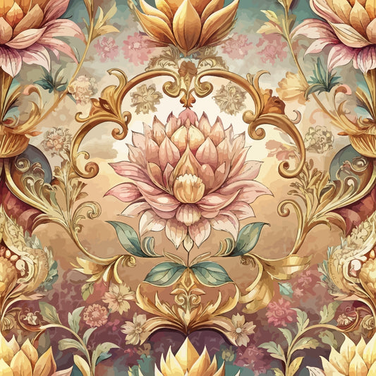 An ornate floral pattern featuring large lotus-like flowers in shades of pink, gold, and beige, surrounded by decorative scrollwork and leafy details against a softly blended multicolored background.