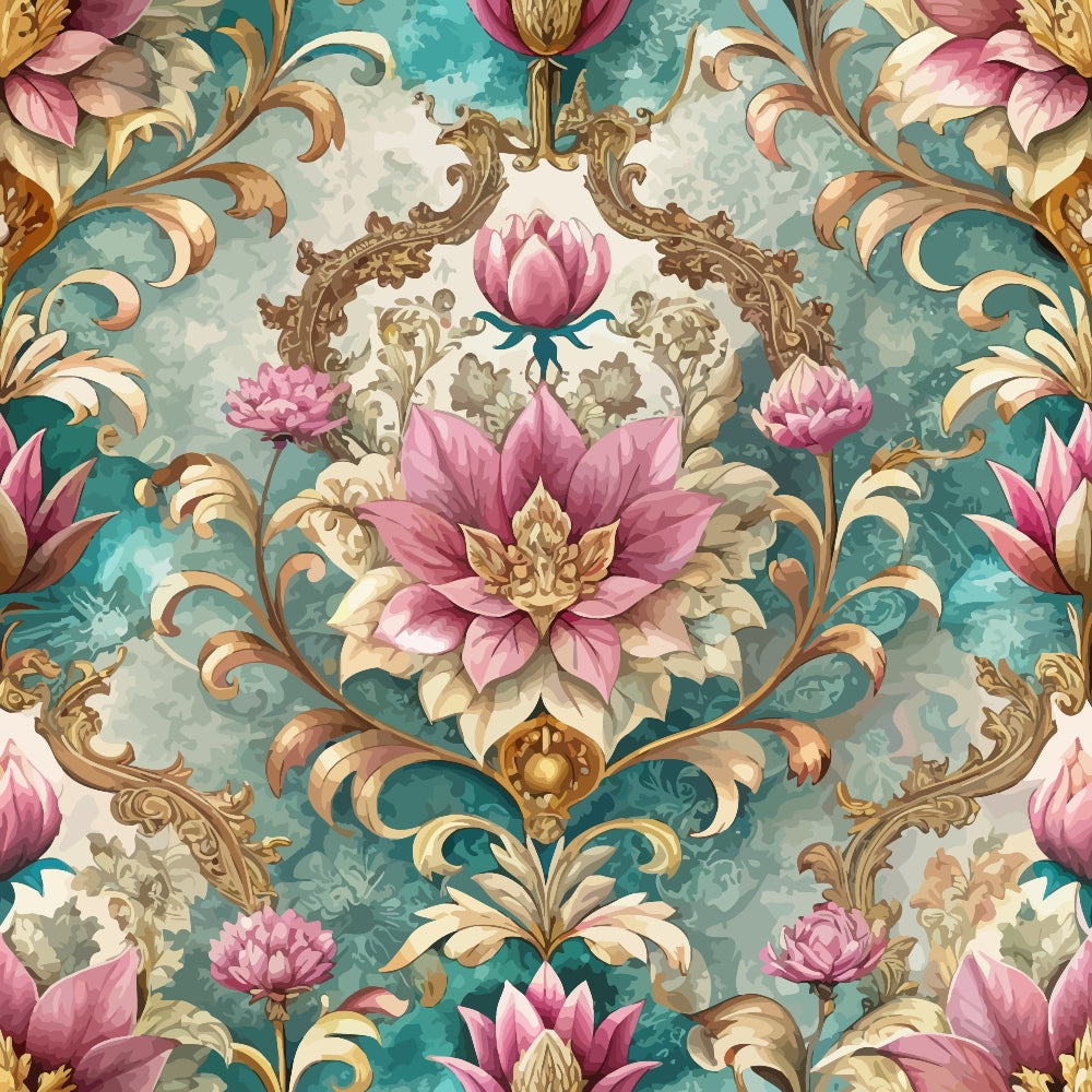baroque florals, pink lotus flowers, teal blue, gold accents, ornate scrollwork, damask pattern, decorative motifs, elegant design, vintage style, quilting cotton, fabric panel, floral medallions, rococo elements, sophisticated palette, cream background, botanical prints, layered petals, symmetrical design, luxurious feel