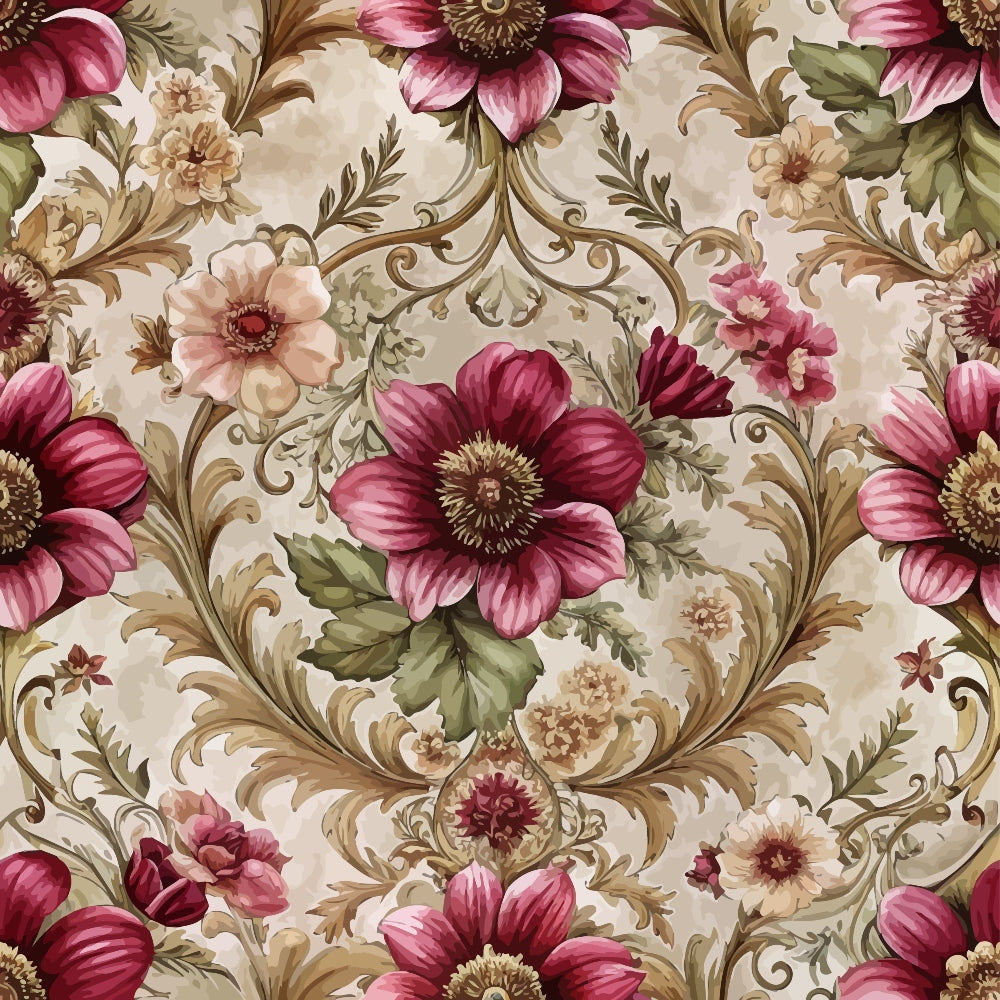 burgundy, pink, cream, beige, green, gold, baroque florals, ornate flowers, decorative scrolls, vintage pattern, floral damask, quilting cotton, fabric panel, romantic blooms, elegant design, botanical motifs, swirling vines, ornamental leaves, luxurious texture, feminine florals