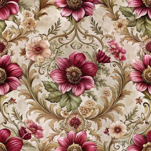 burgundy, pink, cream, beige, green, gold, baroque florals, ornate flowers, decorative scrolls, vintage pattern, floral damask, quilting cotton, fabric panel, romantic blooms, elegant design, botanical motifs, swirling vines, ornamental leaves, luxurious texture, feminine florals
