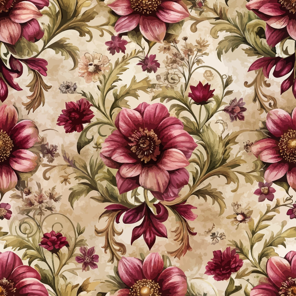burgundy, mauve, pink, cream, beige, olive green, baroque florals, ornate flowers, decorative scrolls, vintage pattern, elaborate blooms, acanthus leaves, damask style, romantic motifs, quilting cotton, fabric panel, floral swirls, ornamental design, rich textures, victorian inspired