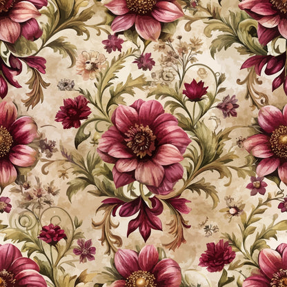 burgundy, mauve, pink, cream, beige, olive green, baroque florals, ornate flowers, decorative scrolls, vintage pattern, elaborate blooms, acanthus leaves, damask style, romantic motifs, quilting cotton, fabric panel, floral swirls, ornamental design, rich textures, victorian inspired