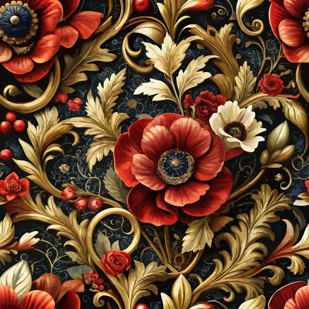 red poppies, baroque florals, ornate scrollwork, golden leaves, cream flowers, dark navy background, decorative swirls, vintage botanical, rich burgundy, coral blooms, acanthus leaves, rococo style, luxurious pattern, quilting cotton, fabric panel, opulent design, elegant florals, intricate details, warm autumn tones