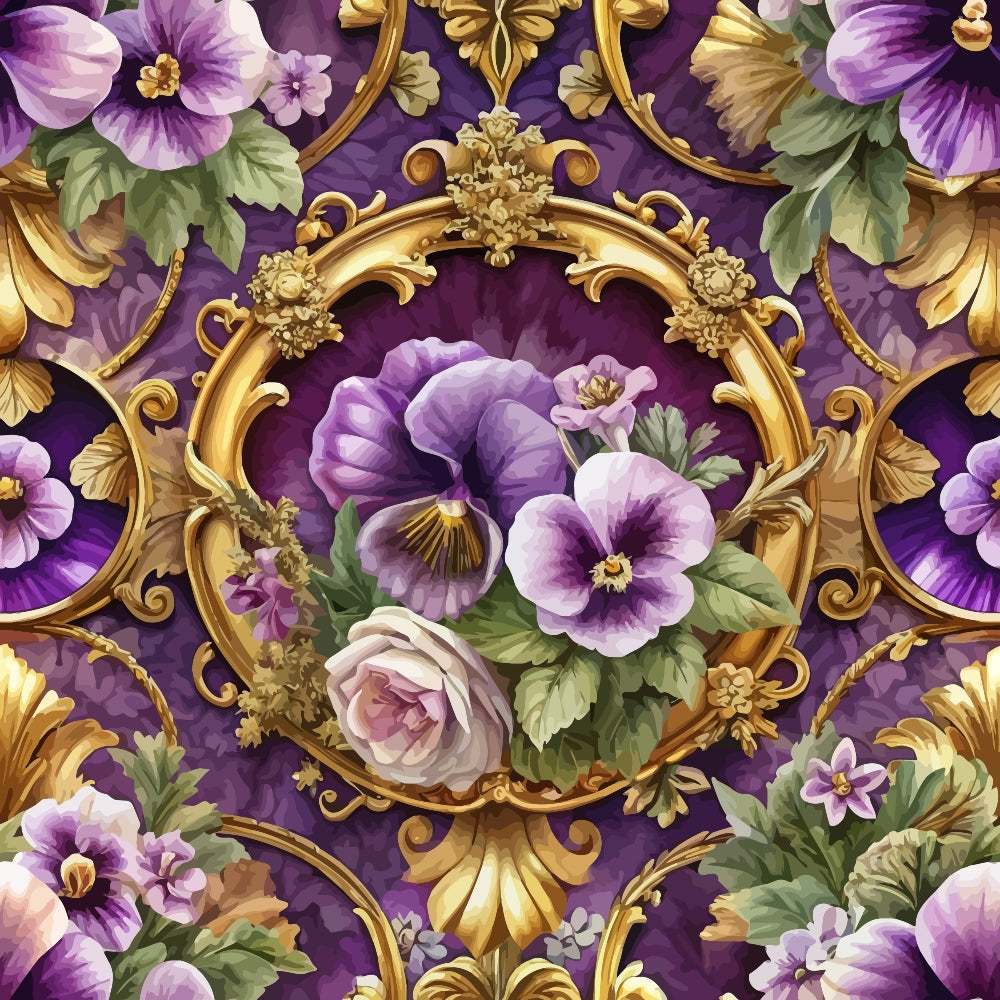 A seamless pattern featuring ornate gold frames with purple pansies, white roses, and green leaves on a deep purple background, creating a luxurious and decorative floral design.