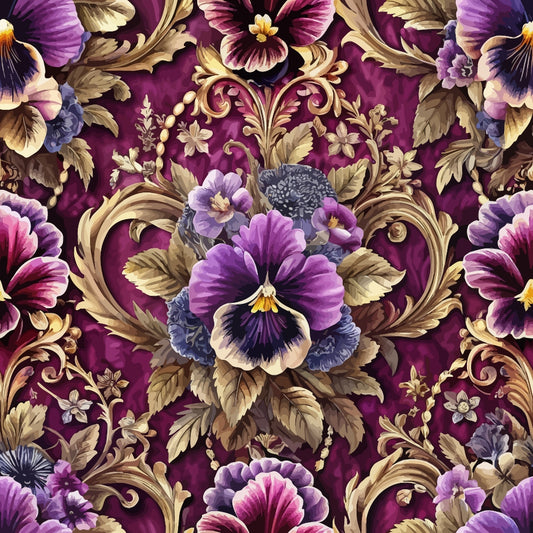 Ornate pattern featuring large purple and pink pansies, golden scrolls, and leaves on a rich maroon background. The design repeats seamlessly, creating an intricate and decorative floral motif.