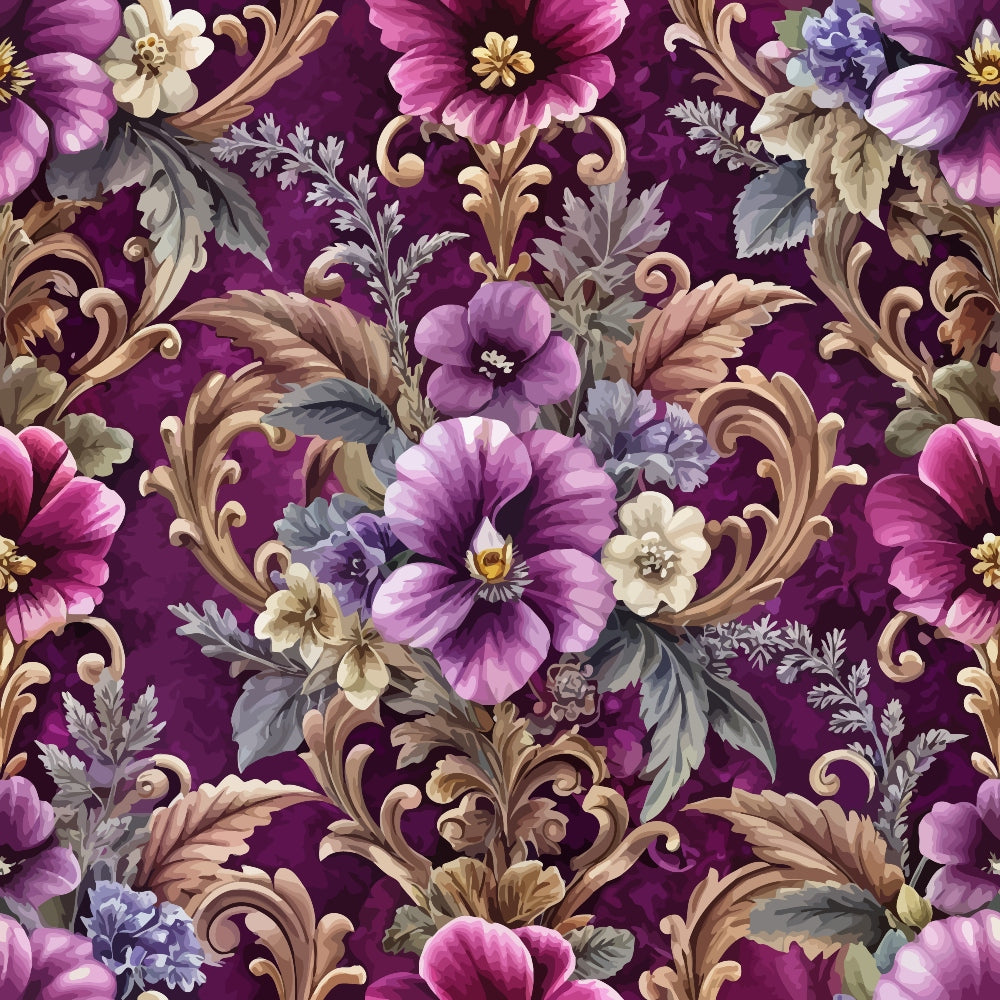 purple background, baroque florals, ornate scrollwork, magenta flowers, cream blossoms, gray leaves, decorative swirls, vintage pattern, elegant design, quilting cotton, fabric panel, floral motifs, dusty rose, lavender blooms, intricate details, repeating pattern, botanical elements, rich burgundy, antique style, ornamental design