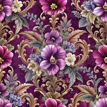 purple background, baroque florals, ornate scrollwork, magenta flowers, cream blossoms, gray leaves, decorative swirls, vintage pattern, elegant design, quilting cotton, fabric panel, floral motifs, dusty rose, lavender blooms, intricate details, repeating pattern, botanical elements, rich burgundy, antique style, ornamental design