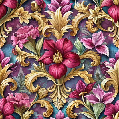 Ornate floral pattern featuring large red and pink flowers, gold swirling leaves, and green accents on a blue and purple background. The design is symmetrical and richly detailed.