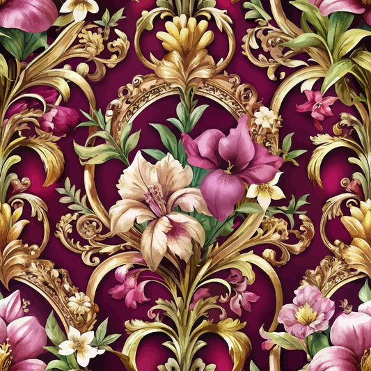 A seamless pattern featuring ornate golden scrollwork and detailed pink, purple, and cream flowers with green leaves on a deep burgundy background. The design is symmetrical and richly decorative.