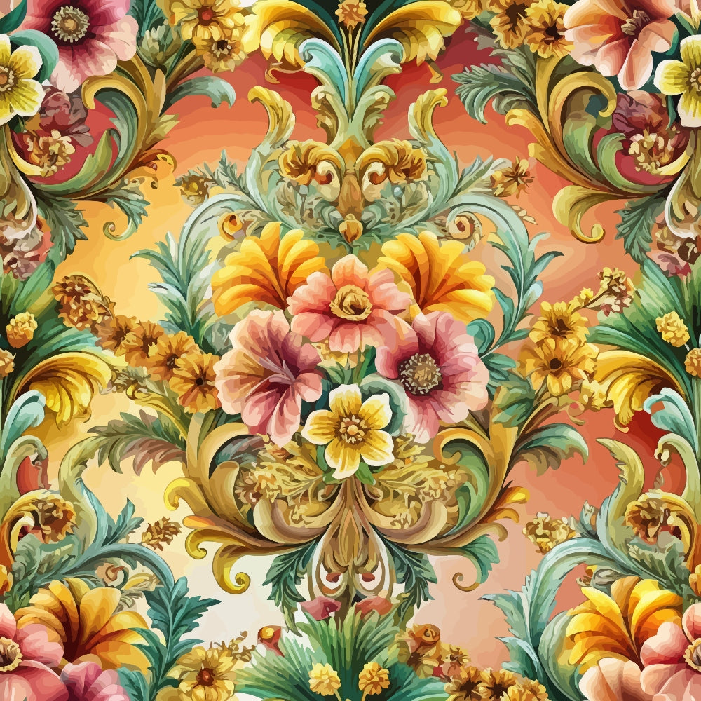 baroque florals, ornate scrollwork, coral pink, golden yellow, sage green, peach tones, decorative swirls, floral damask, vintage motifs, quilting cotton, fabric panel, elaborate flowers, acanthus leaves, rococo style, warm pastels, repeating pattern, textile design, ornamental borders, botanical elements, luxurious finish