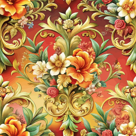 A seamless pattern featuring ornate golden scrollwork and vibrant flowers, including orange, yellow, and white blooms, against a gradient red and orange background with green leaves throughout.