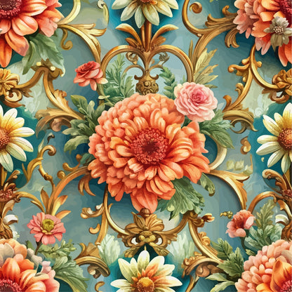 baroque florals, ornate scrollwork, coral flowers, pink roses, yellow daisies, teal background, gold accents, decorative swirls, botanical pattern, quilting cotton, floral motifs, vintage style, elegant design, peach blooms, green foliage, ornamental flourishes, romantic mood, detailed petals, luxurious pattern, fabric panel
