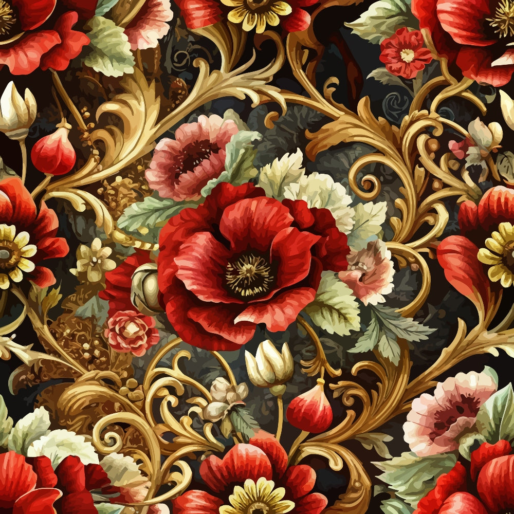 baroque florals, red poppies, coral flowers, gold scrollwork, ornate swirls, black background, green leaves, cream buds, decorative vines, floral motifs, quilting cotton, fabric panel, rich colors, elaborate pattern, botanical design, vintage style, ornamental flourishes