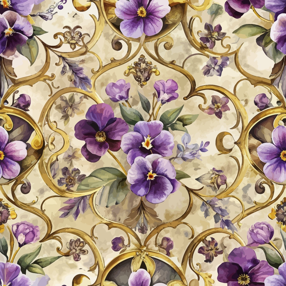 A seamless pattern featuring large purple and violet pansy flowers with green leaves, overlaid on an ornate golden scrollwork background with beige and light pastel tones.