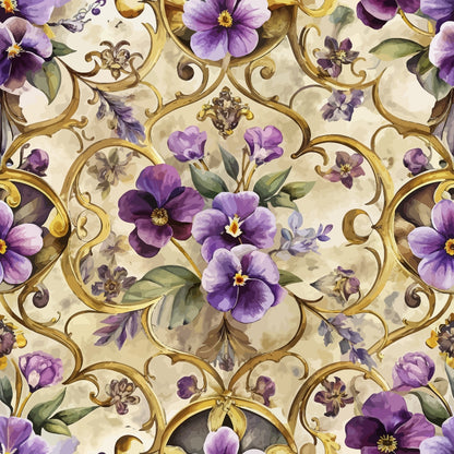 A seamless pattern featuring large purple and violet pansy flowers with green leaves, overlaid on an ornate golden scrollwork background with beige and light pastel tones.