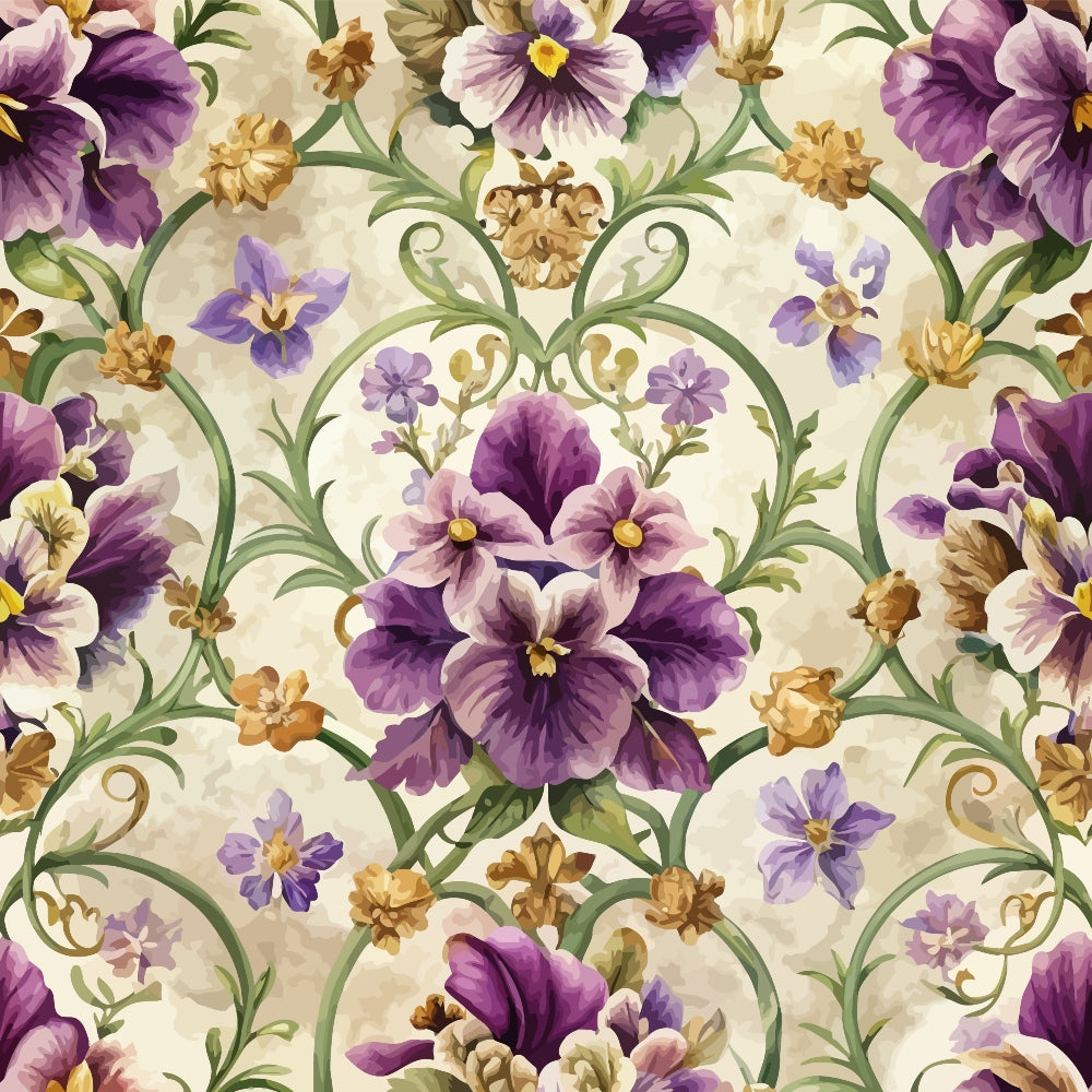 purple flowers, pansies, baroque pattern, ornate scrollwork, green vines, golden brown accents, cream background, floral motifs, decorative swirls, violet petals, quilting cotton, fabric panel, elegant flourishes, botanical design, symmetrical layout, vintage style, lavender tones, intricate details, repeating pattern, ornamental borders