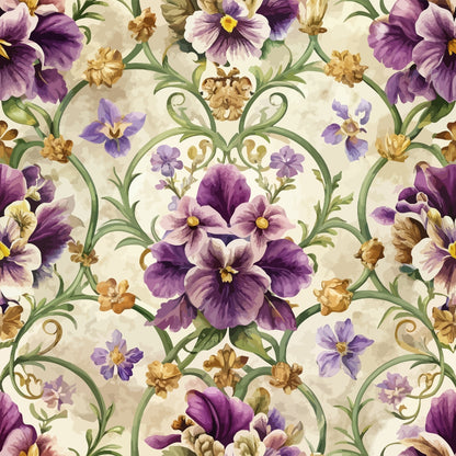 purple flowers, pansies, baroque pattern, ornate scrollwork, green vines, golden brown accents, cream background, floral motifs, decorative swirls, violet petals, quilting cotton, fabric panel, elegant flourishes, botanical design, symmetrical layout, vintage style, lavender tones, intricate details, repeating pattern, ornamental borders