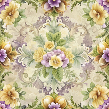 Seamless floral pattern featuring yellow, purple, and cream flowers with green leaves and ornate swirls on a beige background. The design is symmetrical and vintage in style.