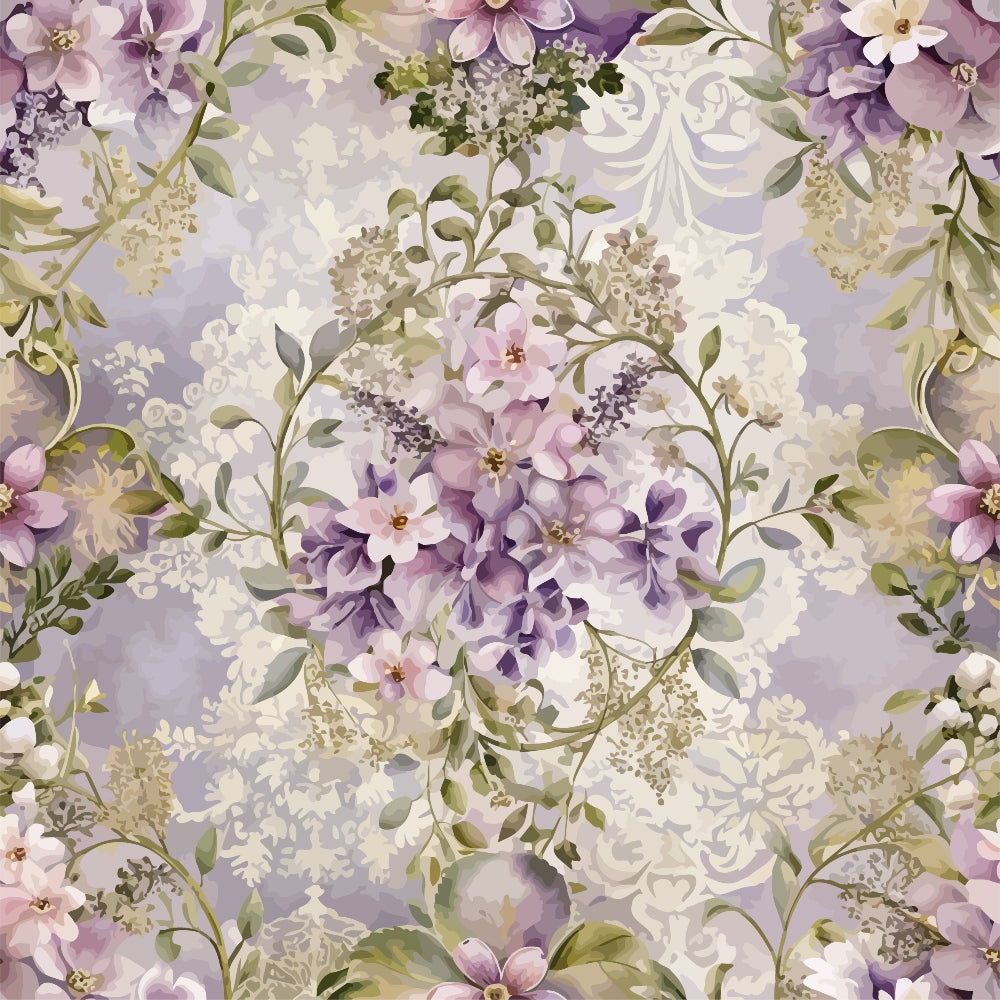 lavender, purple, sage green, cream, white, baroque pattern, floral design, ornate flowers, decorative scrollwork, vintage blooms, lilac petals, botanical motif, elegant flourishes, romantic style, soft pastels, quilting cotton, fabric panel, delicate leaves, layered florals, victorian inspired