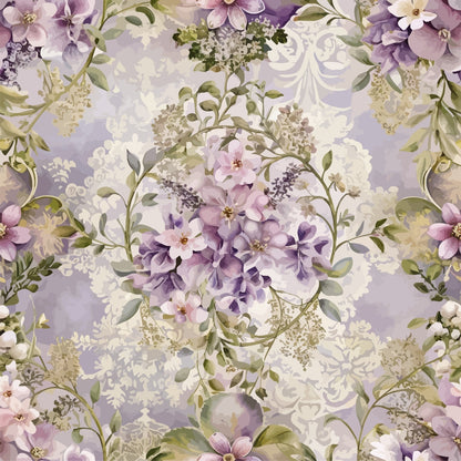 lavender, purple, sage green, cream, white, baroque pattern, floral design, ornate flowers, decorative scrollwork, vintage blooms, lilac petals, botanical motif, elegant flourishes, romantic style, soft pastels, quilting cotton, fabric panel, delicate leaves, layered florals, victorian inspired