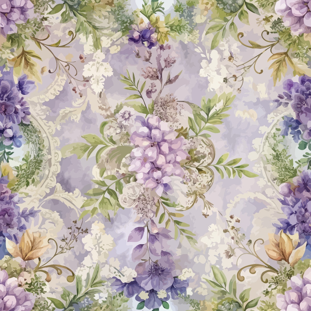lavender, purple flowers, sage green, cream, baroque pattern, floral motif, ornate scrollwork, vintage style, quilting cotton, fabric panel, romantic florals, soft pastels, decorative swirls, botanical design, elegant pattern, feminine aesthetic, watercolor effect, damask elements, intricate details, flowing vines