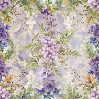 lavender, purple flowers, sage green, cream, baroque pattern, floral motif, ornate scrollwork, vintage style, quilting cotton, fabric panel, romantic florals, soft pastels, decorative swirls, botanical design, elegant pattern, feminine aesthetic, watercolor effect, damask elements, intricate details, flowing vines