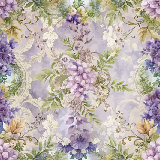 lavender, purple flowers, sage green, cream, baroque pattern, floral motif, ornate scrollwork, vintage style, quilting cotton, fabric panel, romantic florals, soft pastels, decorative swirls, botanical design, elegant pattern, feminine aesthetic, watercolor effect, damask elements, intricate details, flowing vines