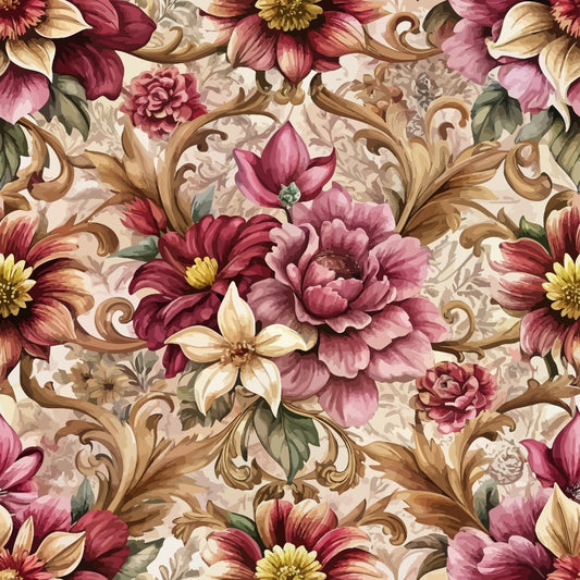 A seamless pattern featuring large, detailed flowers in shades of red, pink, and cream, with gold ornate leaves and swirling vines on a light beige background.
