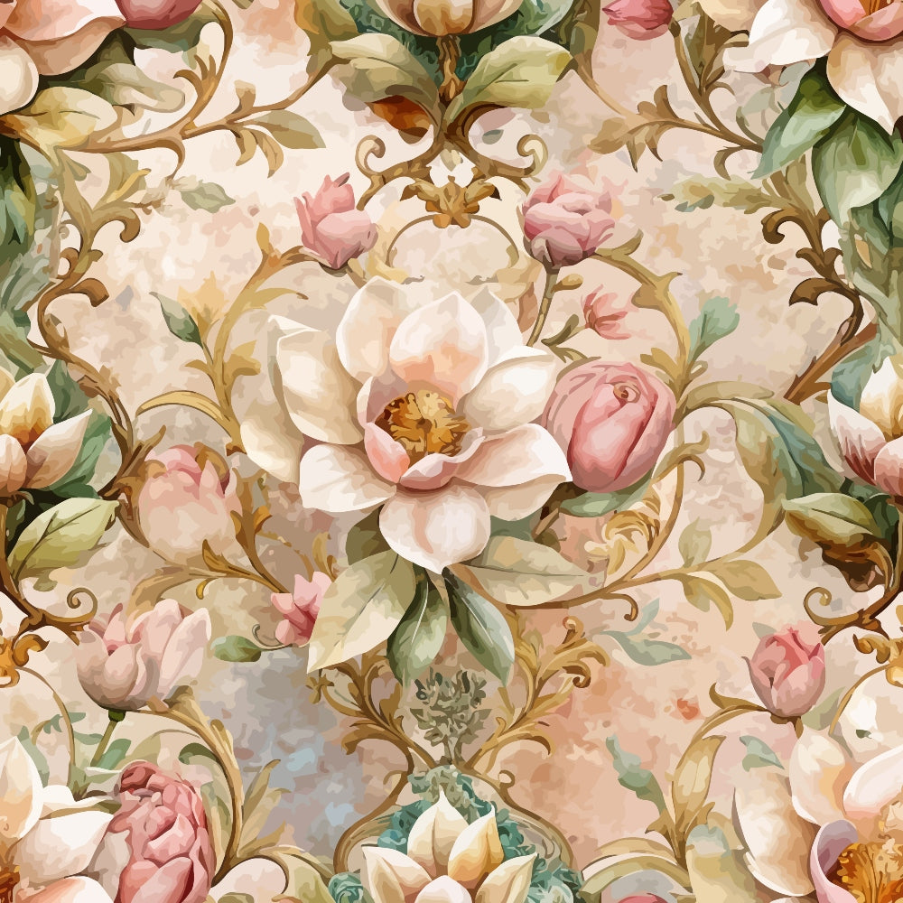 baroque florals, vintage flowers, ornate scrollwork, cream background, blush pink roses, coral blooms, sage green leaves, golden accents, decorative swirls, romantic pattern, quilting cotton, fabric panel, watercolor style, elegant motifs, soft pastels, floral damask, vintage botanical, ornamental design, delicate petals, flowing vines