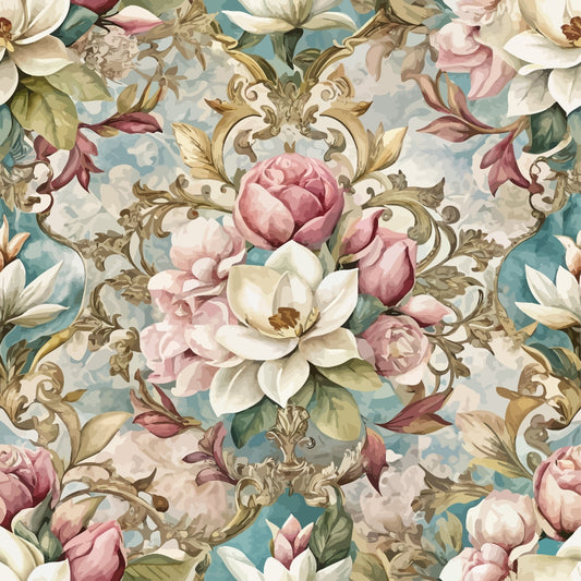 baroque florals, pink roses, cream magnolias, ornate scrollwork, gilded accents, dusty blue background, vintage floral, rococo style, elaborate damask, quilting cotton, fabric panel, botanical motif, romantic florals, decorative swirls, pastel palette, luxurious pattern, elegant design, repeated motif