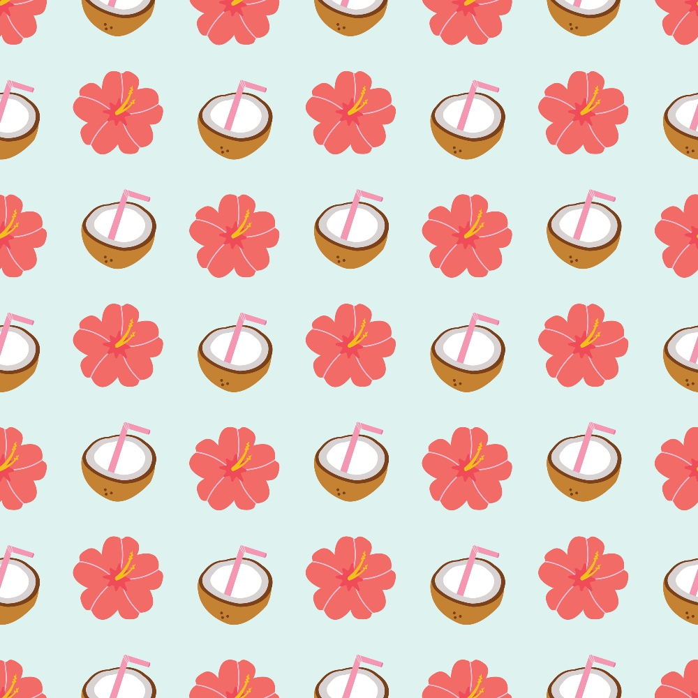Pattern of coconuts with straws and red hibiscus flowers on a light blue background.