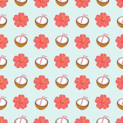 Pattern of coconuts with straws and red hibiscus flowers on a light blue background.