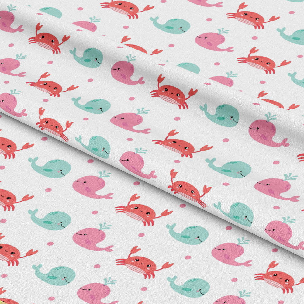 - Beach Vacation Pattern 8 Quilting Cotton Fabric - cotton - quilting - fabric - nautical - sea creatures - crabs - whales - coral - teal - pink - light blue - playful - kids - ocean theme - summer - fun - textile