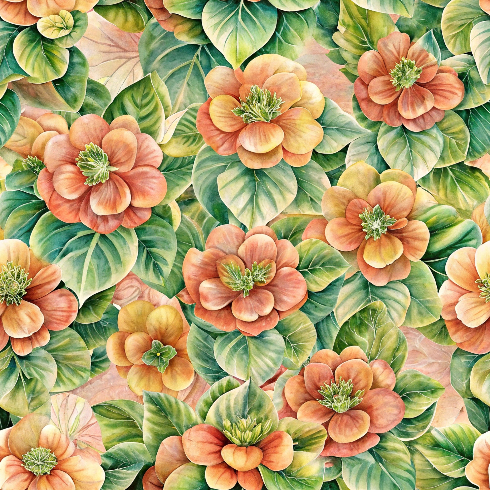coral flowers, peach blossoms, green leaves, botanical pattern, floral design, euphorbias, watercolor style, seamless repeat, quilting cotton, fabric panel, nature motif, spring flowers, soft pastels, garden theme, delicate petals, leafy backdrop, artistic florals, cottage core, vintage botanicals