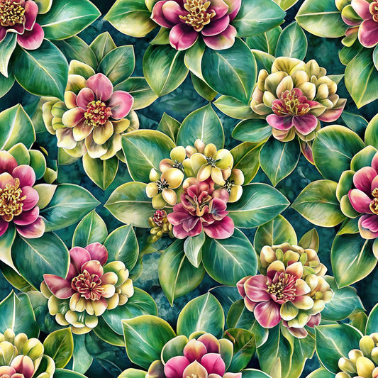 flowers, euphorbia, floral pattern, green leaves, pink blooms, yellow accents, botanical design, seamless repeat, quilting cotton, fabric panel, nature motif, garden flowers, layered petals, realistic illustration, crafting material, sewing fabric, dense floral, vibrant colors, spring blooms, detailed artwork